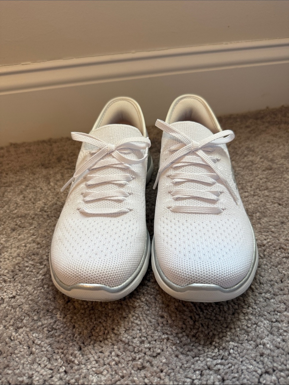 Skechers White Knit Slip on Casual Walking Shoes - Picture 2 of 7